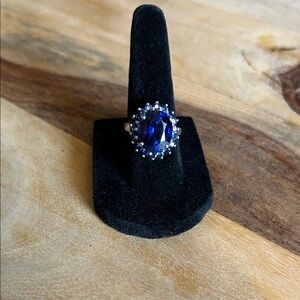 Blue Sapphire Sterling Silver Halo Statement Ring - Women Jewelry